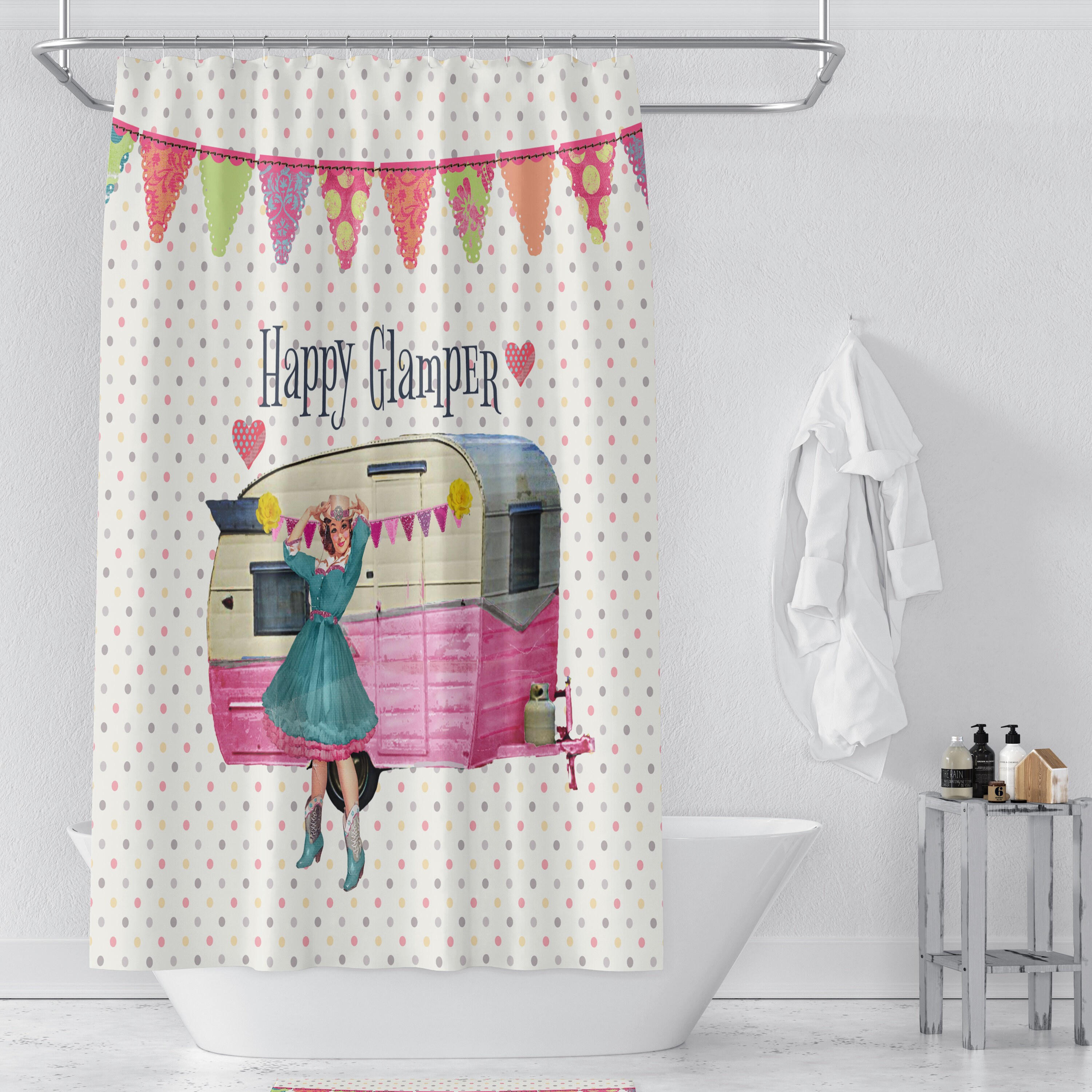 Vintage Camper Glamper Shower Curtain with Retro Bathroom Decor for Old-School Charm - Image 2