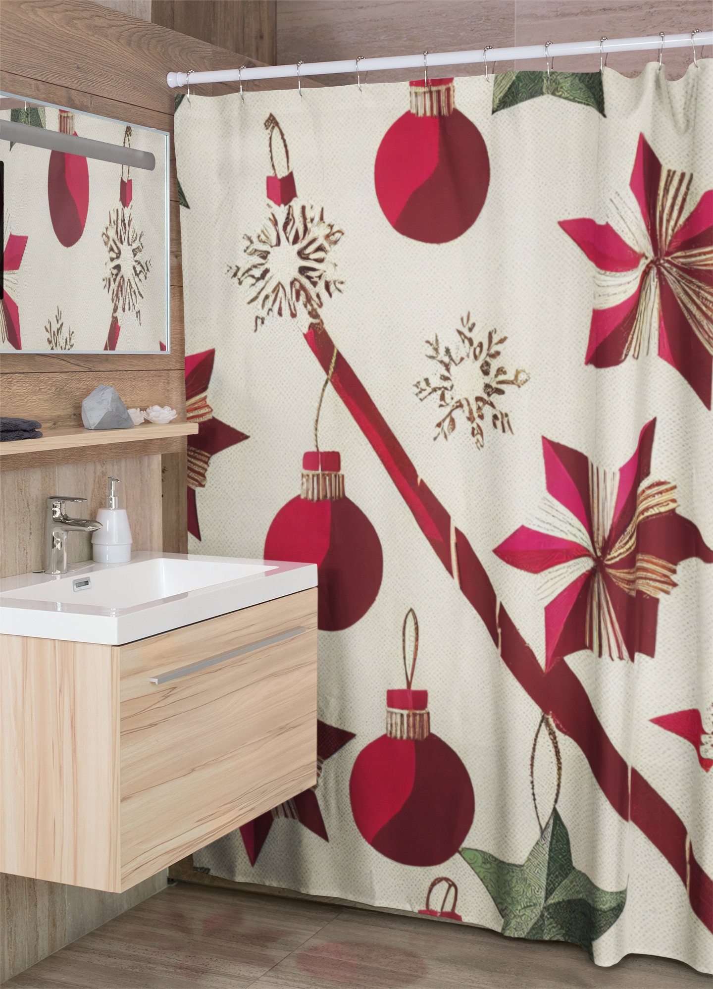 Vintage Christmas Shower Curtain, Festive Holiday Bathroom Decor, Retro Tub Accessory