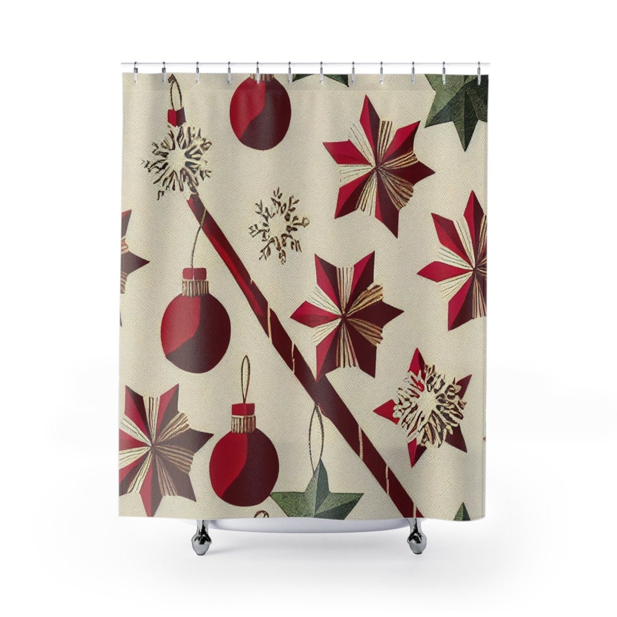 Vintage Christmas Shower Curtain, Festive Holiday Bathroom Decor, Retro Tub Accessory - Image 2