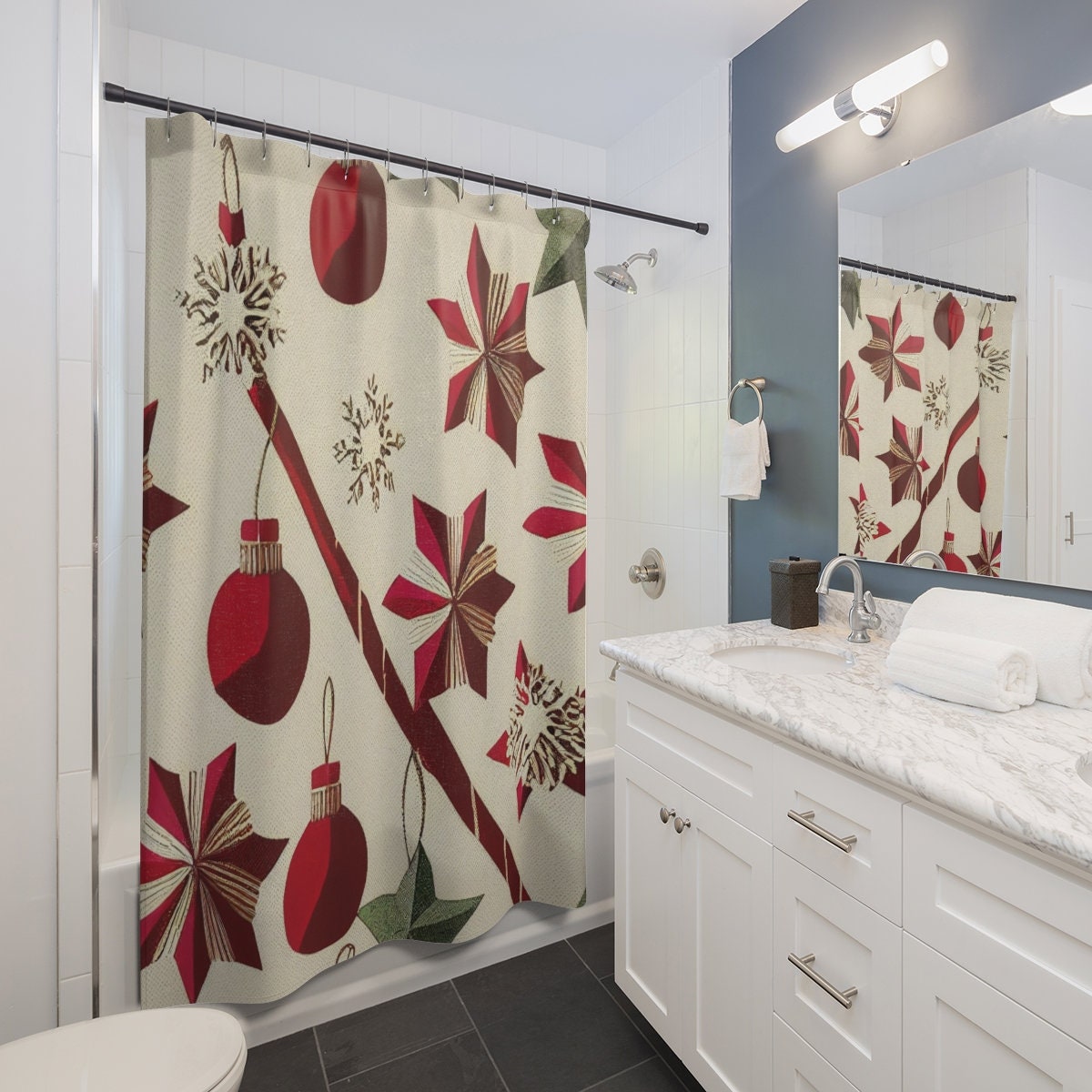 Vintage Christmas Shower Curtain, Festive Holiday Bathroom Decor, Retro Tub Accessory - Image 3