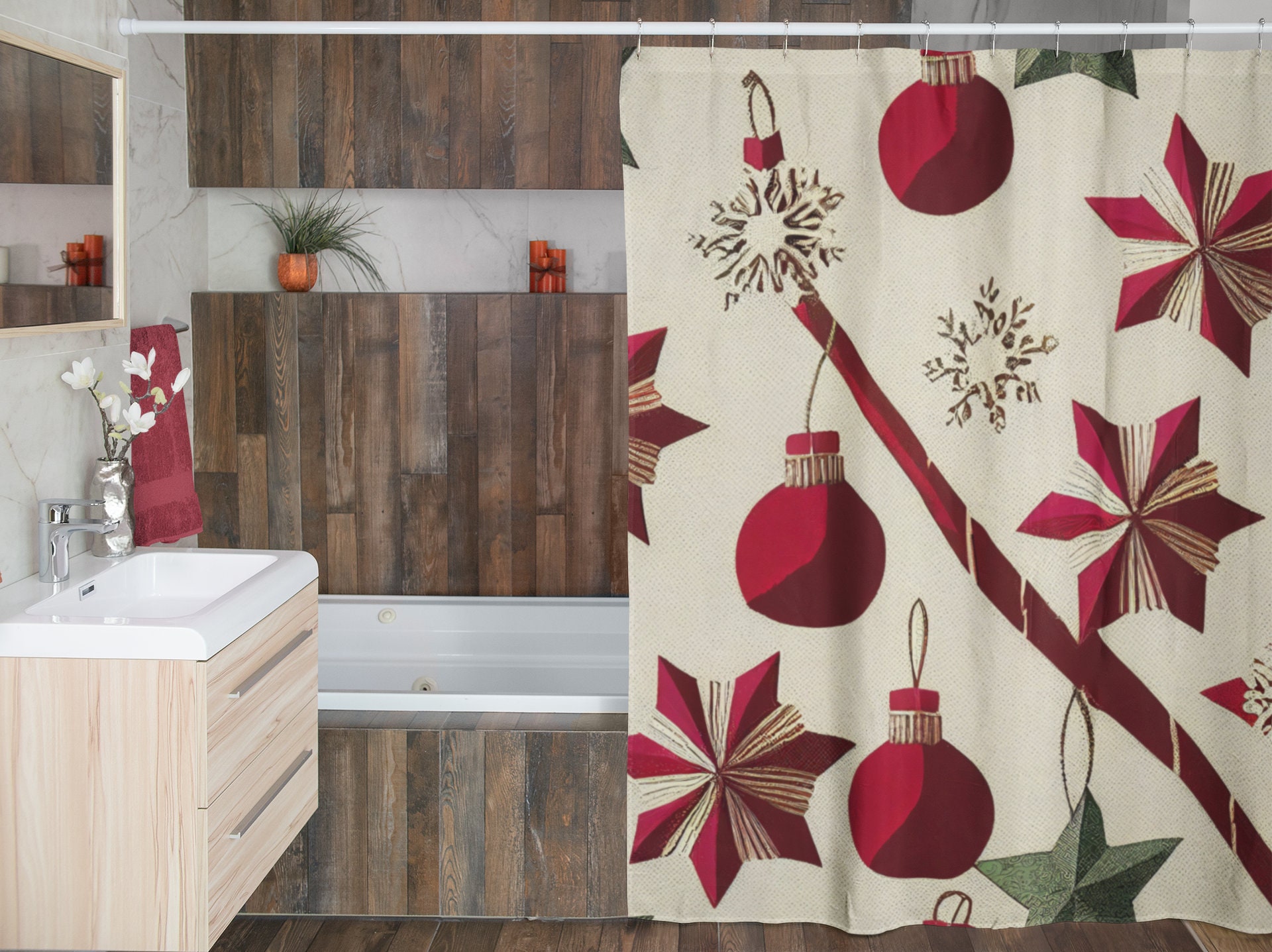 Vintage Christmas Shower Curtain, Festive Holiday Bathroom Decor, Retro Tub Accessory - Image 4
