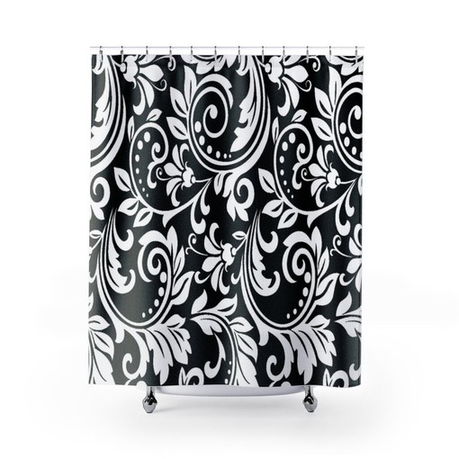 Vintage Damask Shower Curtain | Black & White | New Home Housewarming Gift | Bathroom Decor + Quotes - Image 2