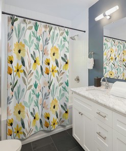 Vintage Floral Boho Shower Curtain with Yellow and Watercolor Flowers