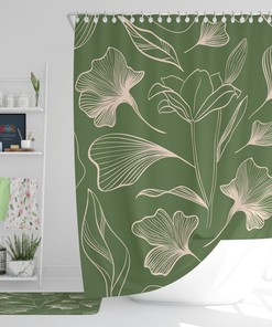 Vintage Floral Shower Curtain | Green Pink Flowers | Waterproof Fabric Bathroom Curtain Print | Retro Bath Design