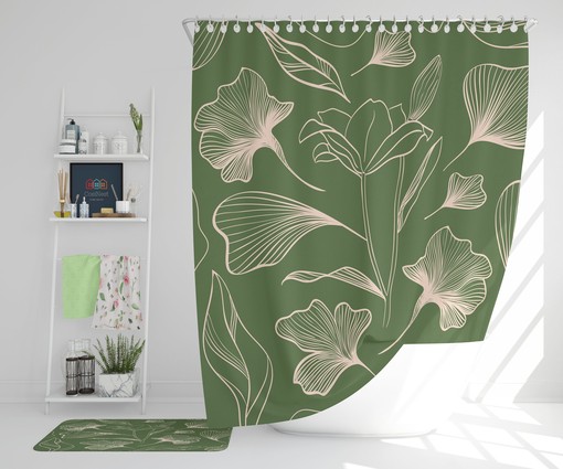 Vintage Floral Shower Curtain | Green Pink Flowers | Waterproof Fabric Bathroom Curtain Print | Retro Bath Design