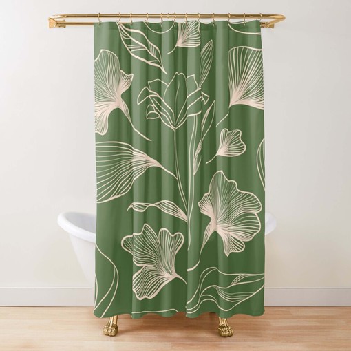 Vintage Floral Shower Curtain | Green Pink Flowers | Waterproof Fabric Bathroom Curtain Print | Retro Bath Design - Image 2