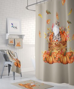 Vintage Halloween Shower Curtain - Old Truck with Pumpkins and Autumn Bathroom Decor