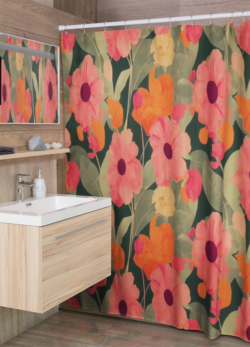 Vintage Inspired Botanical Shower Curtain, Retro Floral Bathroom Decor