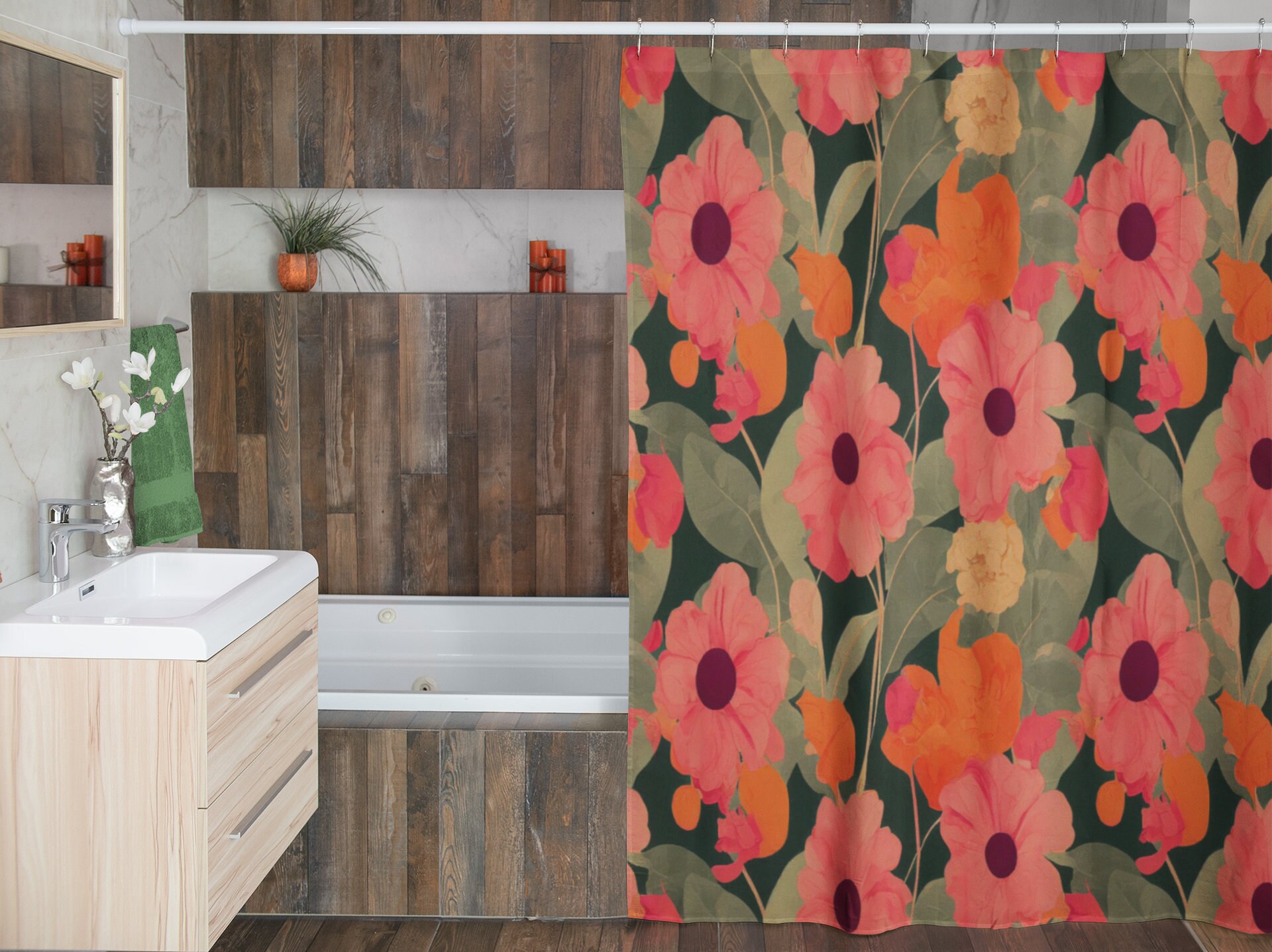 Vintage Inspired Botanical Shower Curtain, Retro Floral Bathroom Decor - Image 4