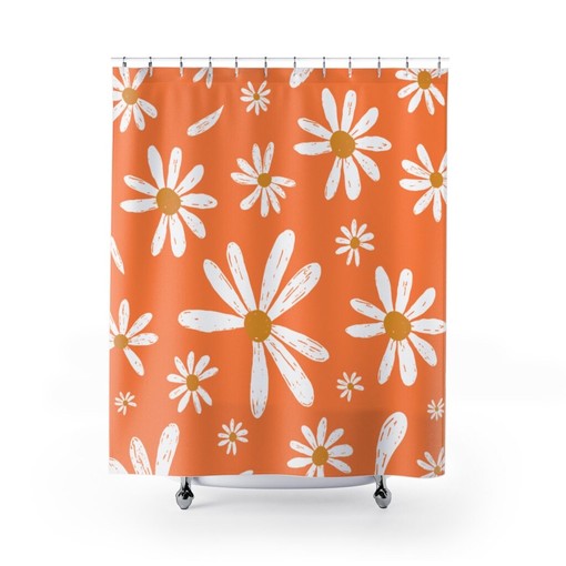 Vintage Inspired Daisy Print Shower Curtain in Sherbet Orange