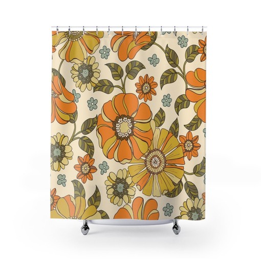 Vintage Inspired Floral Bath Accessory Set, Retro Shower Curtain and Towels