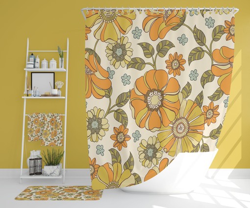 Vintage Inspired Floral Bath Accessory Set, Retro Shower Curtain and Towels - Image 2