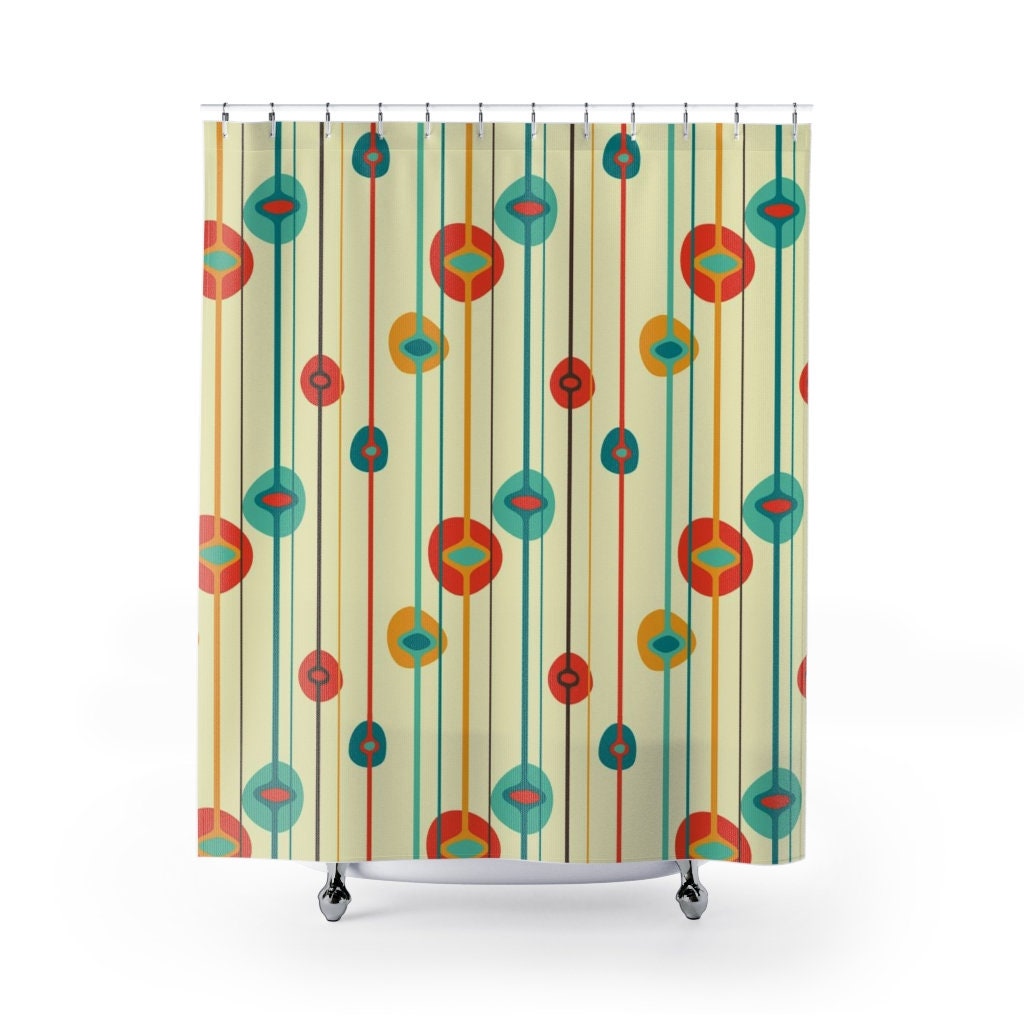 Vintage Inspired Shower Curtain, Mid Century Modern Bathroom Decor for Retro Charm