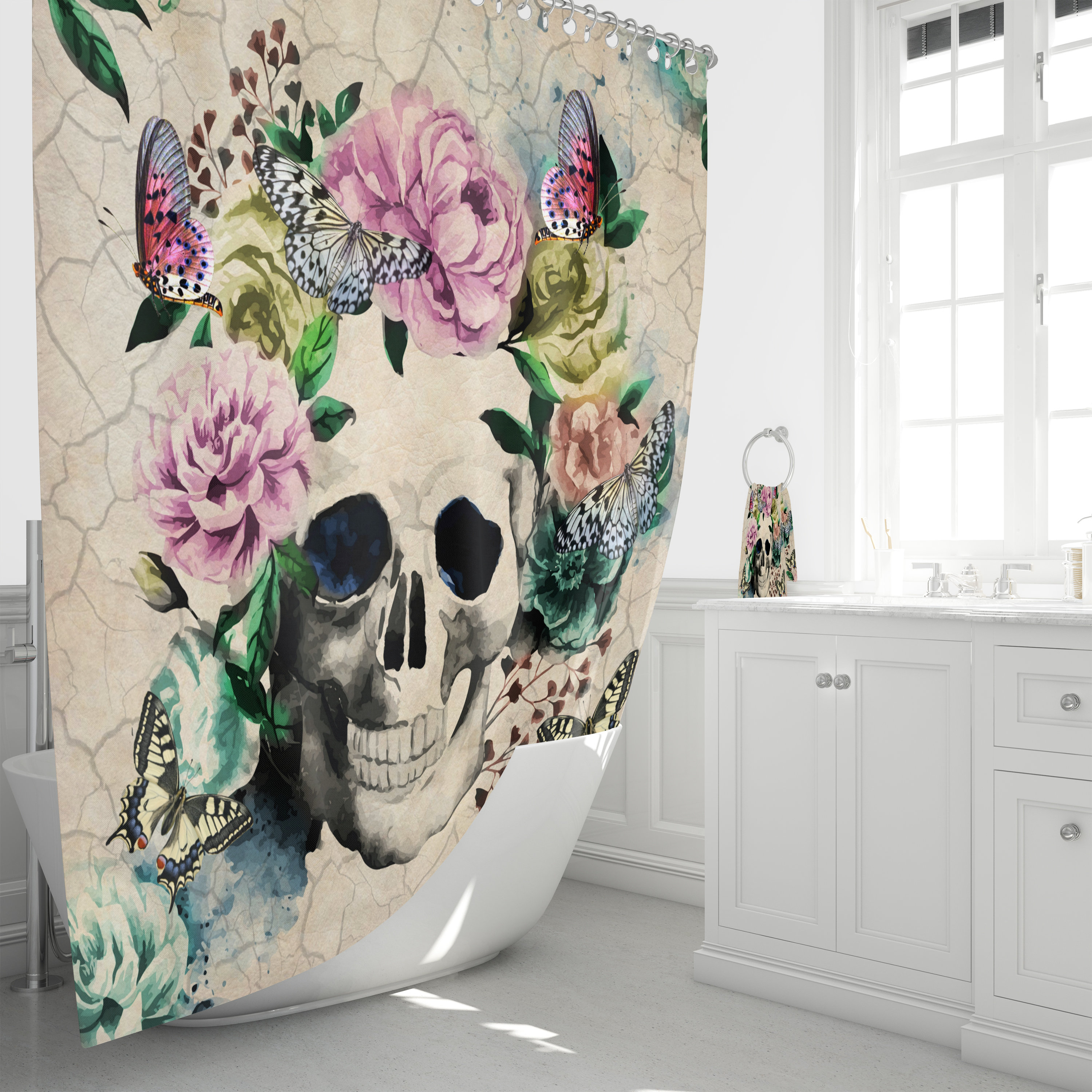 Vintage Inspired Sugar Skull Butterfly Floral Shower Curtain - Creative and Chic Bathroom Decor