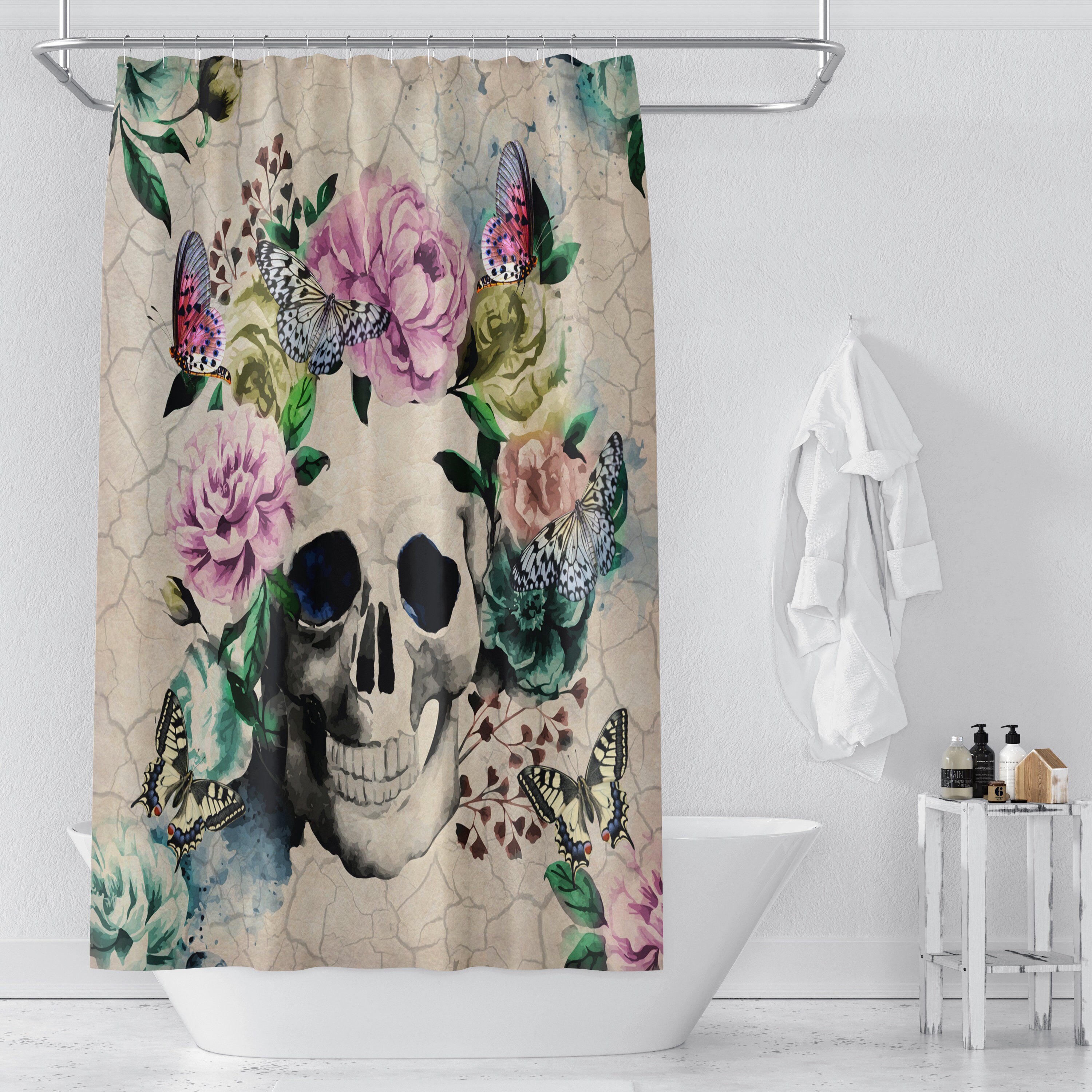 Vintage Inspired Sugar Skull Butterfly Floral Shower Curtain - Creative and Chic Bathroom Decor - Image 2