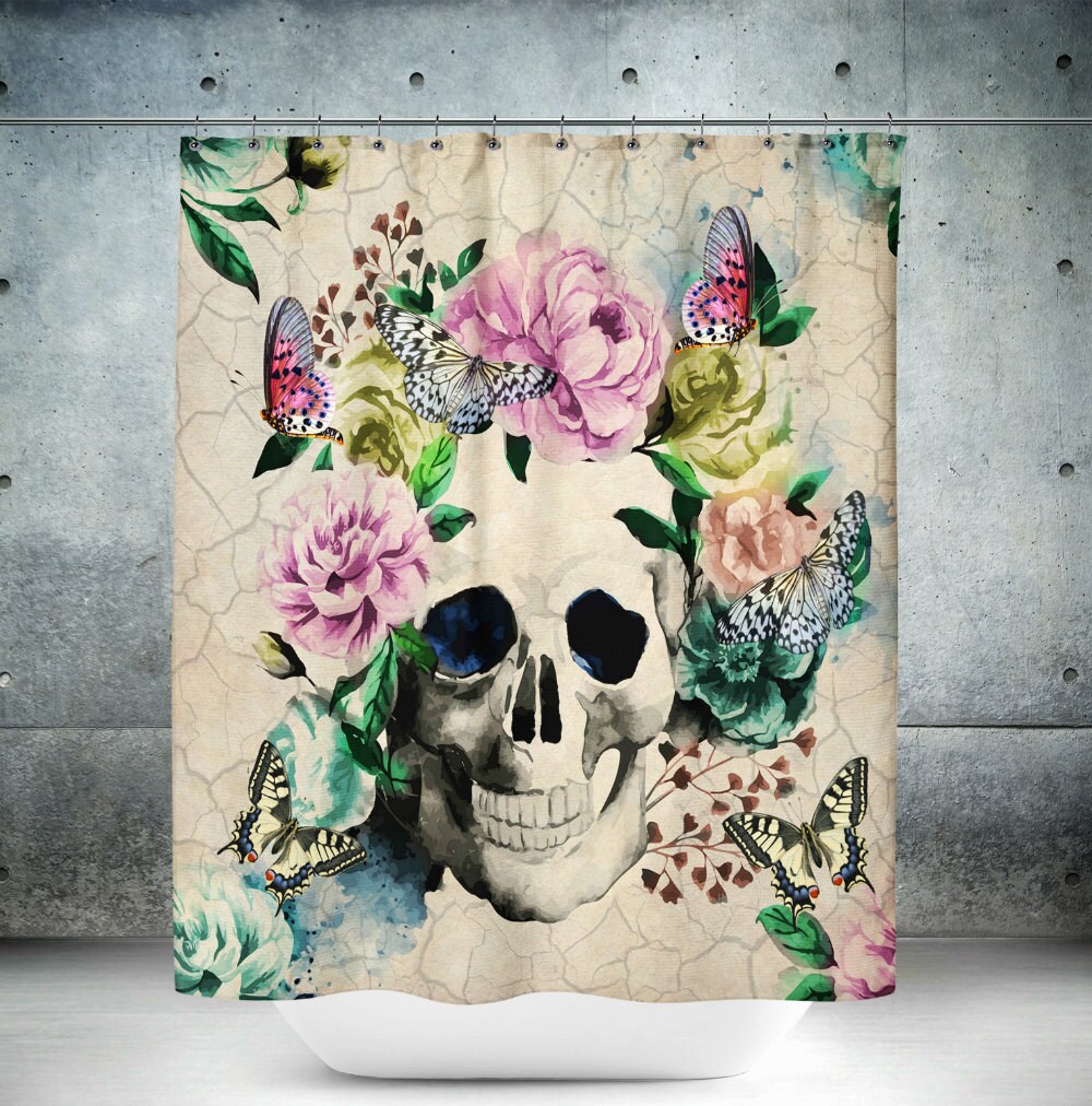 Vintage Inspired Sugar Skull Butterfly Floral Shower Curtain - Creative and Chic Bathroom Decor - Image 3