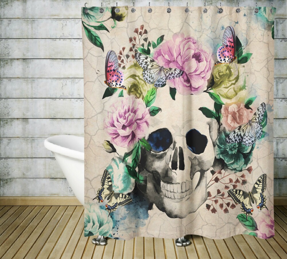 Vintage Inspired Sugar Skull Butterfly Floral Shower Curtain - Creative and Chic Bathroom Decor - Image 4