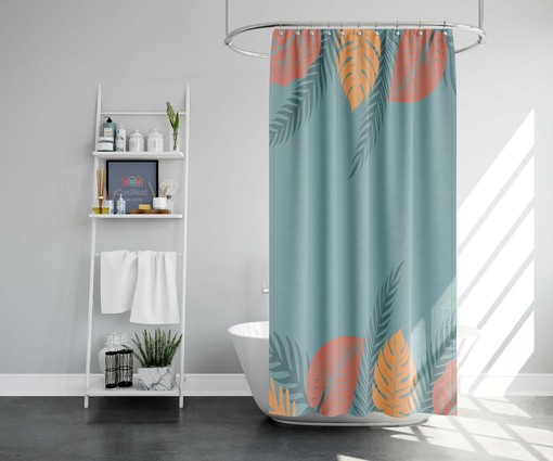Vintage Leaves Shower Curtain, Customizable Size, Orange and Yellow Palm Monstera Leaf Print - Image 2