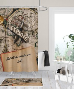 Vintage Map Wanderlust Shower Curtain with Nature-Inspired Bath Set for Travel-Inspired Bathroom Decor