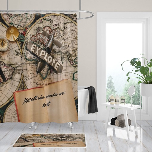 Vintage Map Wanderlust Shower Curtain with Nature-Inspired Bath Set for Travel-Inspired Bathroom Decor