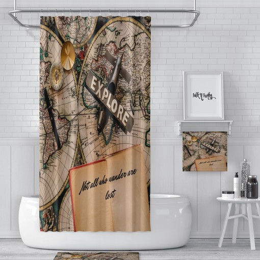Vintage Map Wanderlust Shower Curtain with Nature-Inspired Bath Set for Travel-Inspired Bathroom Decor - Image 2