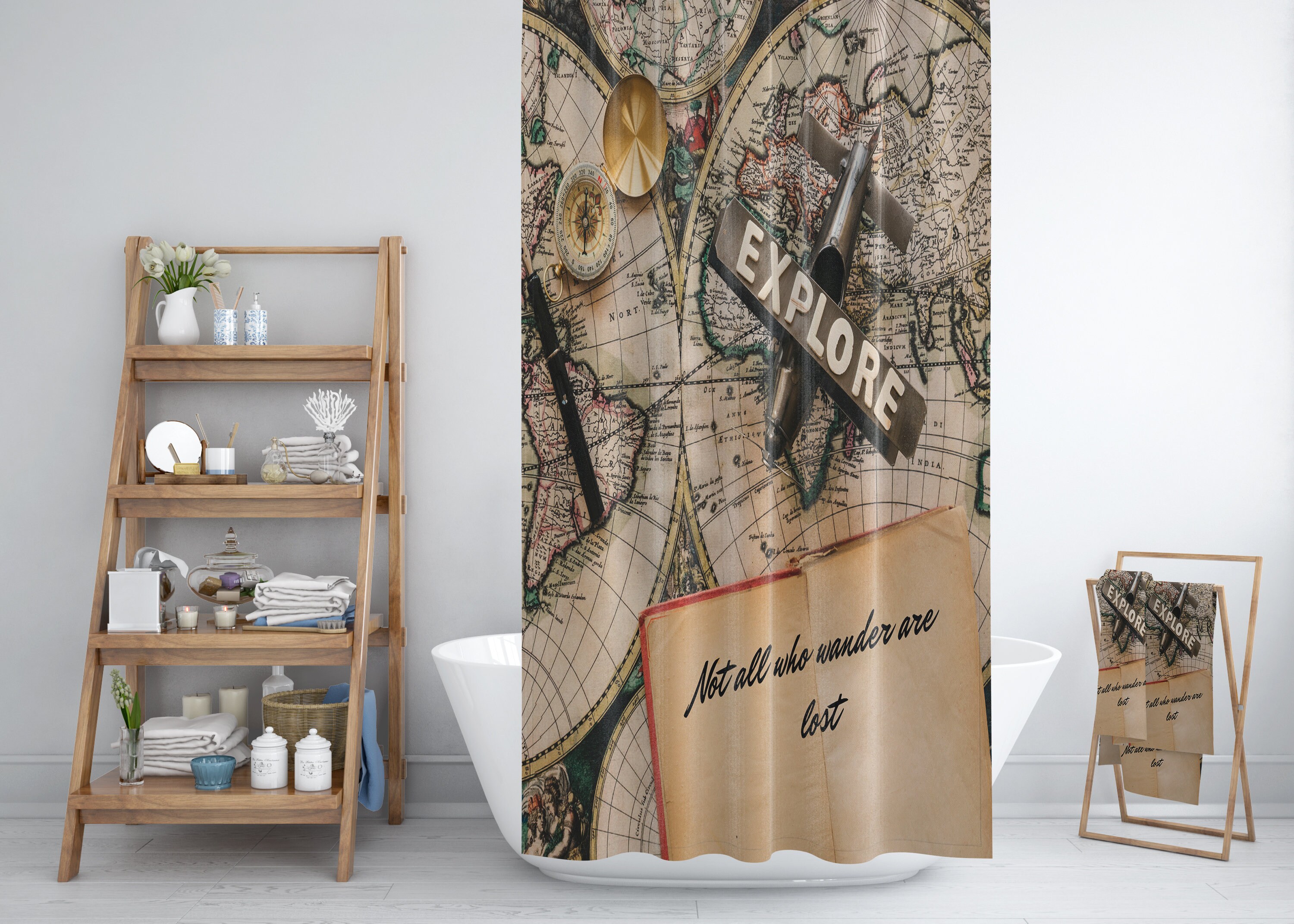 Vintage Map Wanderlust Shower Curtain with Nature-Inspired Bath Set for Travel-Inspired Bathroom Decor - Image 3