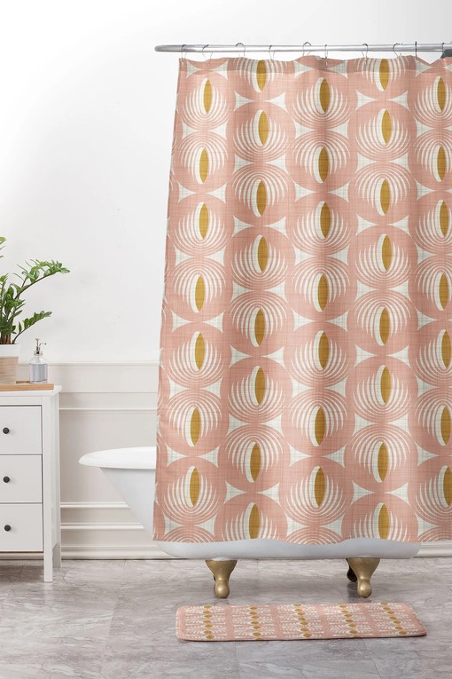 Vintage Mid Century Shower Curtain | Retro Pink Geometric Bath Curtain | Vintage Shower Curtains Decorative