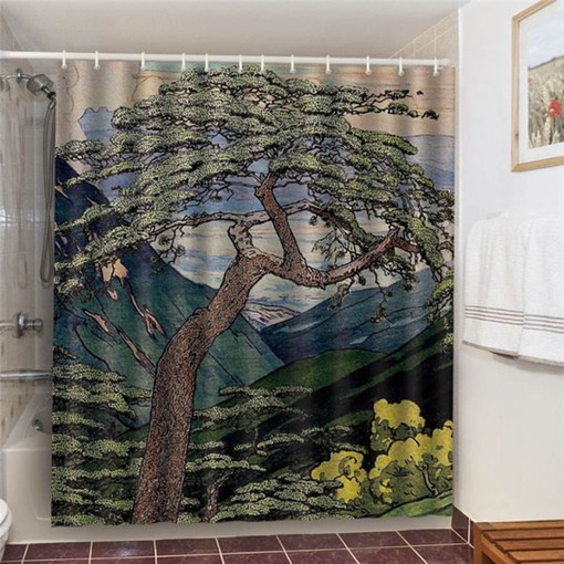 Vintage Mountain Shower Curtain, Landscape Yellow Flower Green Leaves Housewarming Gift