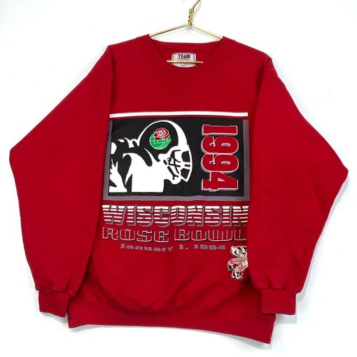 Vintage NCAA Football Fan Apparel: Wisconsin Badgers 1994 Rose Bowl Red Hoodie with American University Shirt