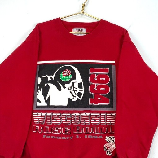 Vintage NCAA Football Fan Apparel: Wisconsin Badgers 1994 Rose Bowl Red Hoodie with American University Shirt - Image 2