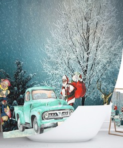 Vintage Old Truck Christmas Shower Curtain with Holiday Bathroom Decor for Rustic Glam