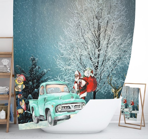 Vintage Old Truck Christmas Shower Curtain with Holiday Bathroom Decor for Rustic Glam