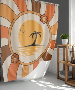 Vintage Palm Trees Fabric Shower Curtain and Mat, Tropical Retro Bathroom Decor