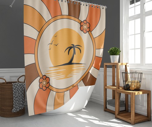 Vintage Palm Trees Fabric Shower Curtain and Mat, Tropical Retro Bathroom Decor