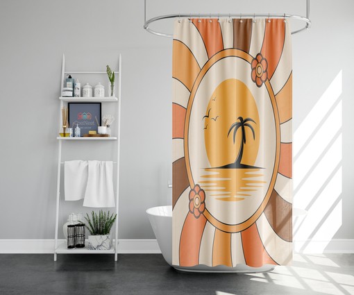 Vintage Palm Trees Fabric Shower Curtain and Mat, Tropical Retro Bathroom Decor - Image 2