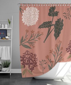 Vintage Peony Botanical Fabric Shower Curtain Mat, Retro Floral Bathroom Decor