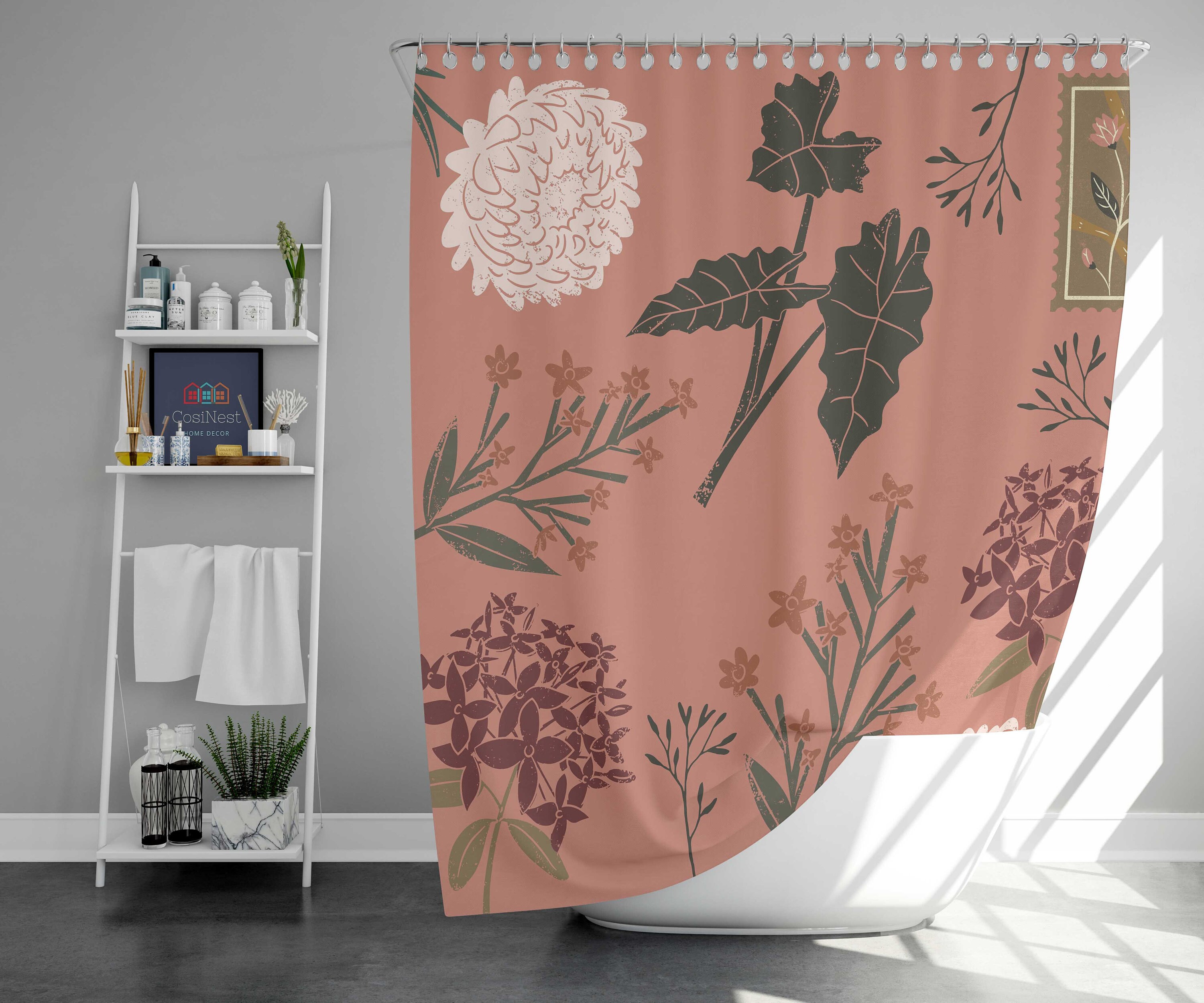 Vintage Peony Botanical Fabric Shower Curtain Mat, Retro Floral Bathroom Decor