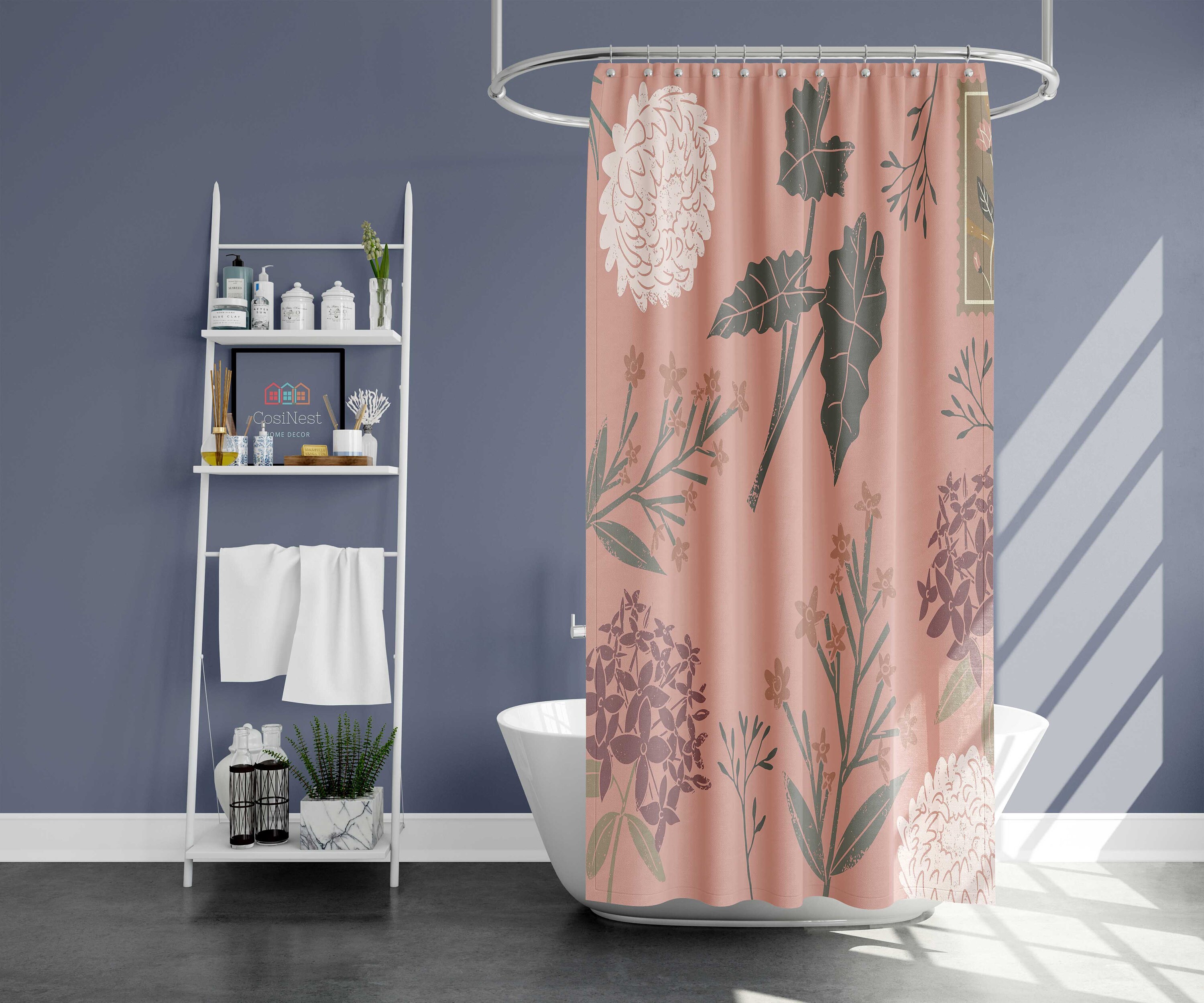 Vintage Peony Botanical Fabric Shower Curtain Mat, Retro Floral Bathroom Decor - Image 2