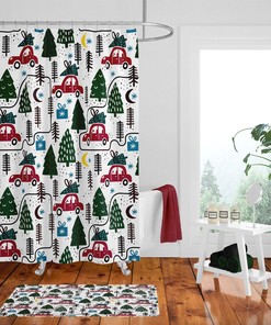 Vintage Red Car Christmas Shower Curtain with Christmas Bath Accessories for Retro Bathroom Decor