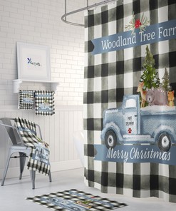 Vintage Red Truck Christmas Shower Curtain with Holiday Bathroom Decor and Plaid Accents