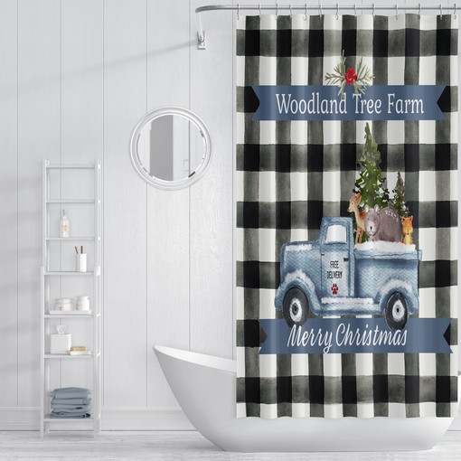 Vintage Red Truck Christmas Shower Curtain with Holiday Bathroom Decor and Plaid Accents - Image 2