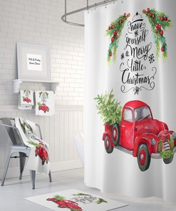 Vintage Red Truck Christmas Shower Curtain with Plaid Holiday Bathroom Decor for Traditional Touches