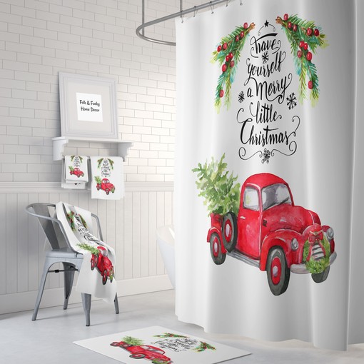 Vintage Red Truck Christmas Shower Curtain with Plaid Holiday Bathroom Decor for Traditional Touches