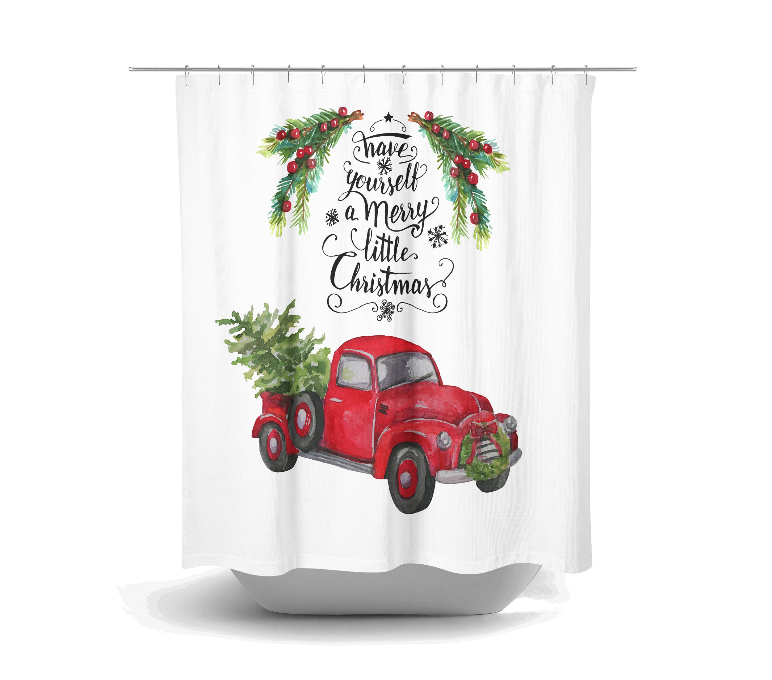 Vintage Red Truck Christmas Shower Curtain with Plaid Holiday Bathroom Decor for Traditional Touches - Image 2