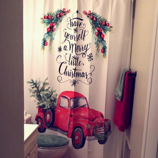 Vintage Red Truck Christmas Shower Curtain with Plaid Holiday Bathroom Decor for Traditional Touches - Image 3