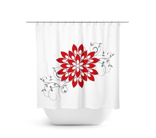 Vintage Red and White Flower Shower Curtain | Fabric Curtain with Floral Design for Red and White Bathroom