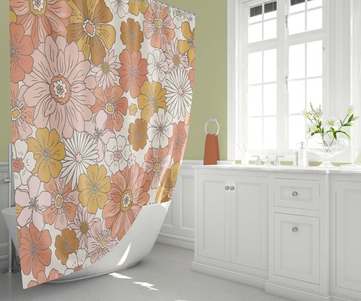 Vintage Retro Floral Shower Curtain - Boho 60's 70's Hippie Bathroom Accessory