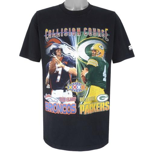 Vintage Starter Broncos John Elway Vs Packers Brett Favre Collision Course T-Shirt