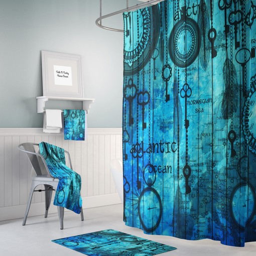 Vintage Steampunk Nautical Ocean Map Shower Curtain Set with Bath Set