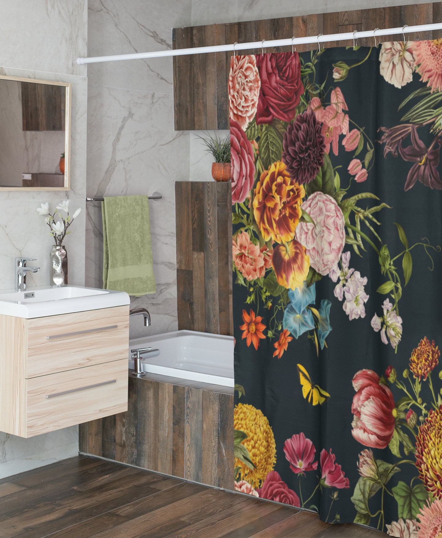 Vintage Style Floral Shower Curtain - Botanical Bathroom Curtain with Retro Decor